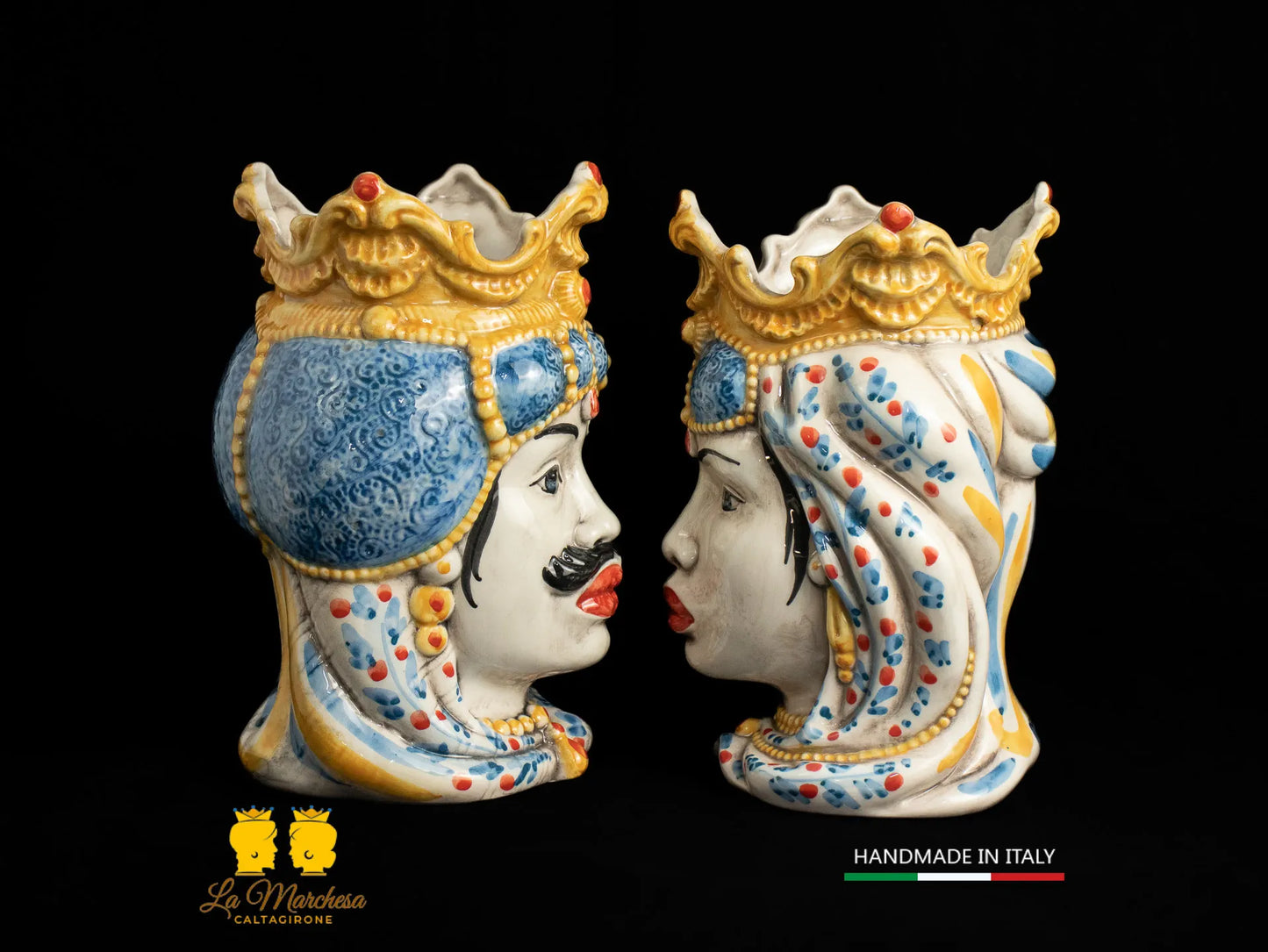 Teste di Moro Ceramica di Caltagirone Barocco '600 blu antico 25cm