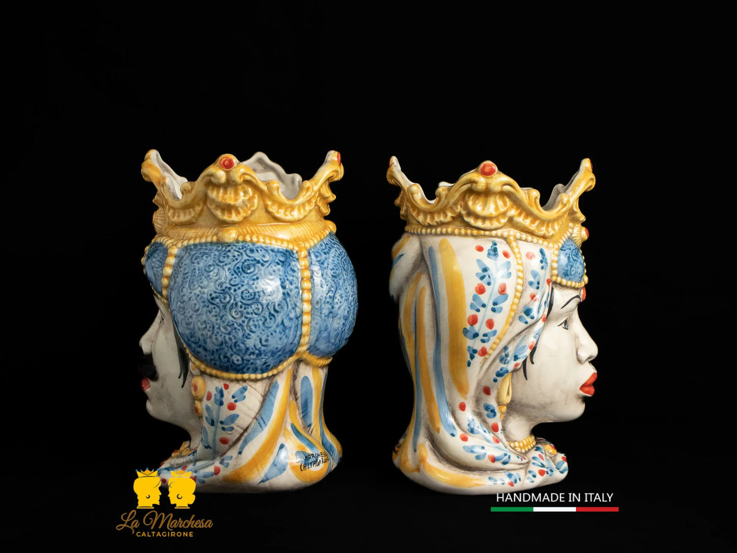 Teste di Moro Ceramica di Caltagirone Barocco '600 blu antico 25cm