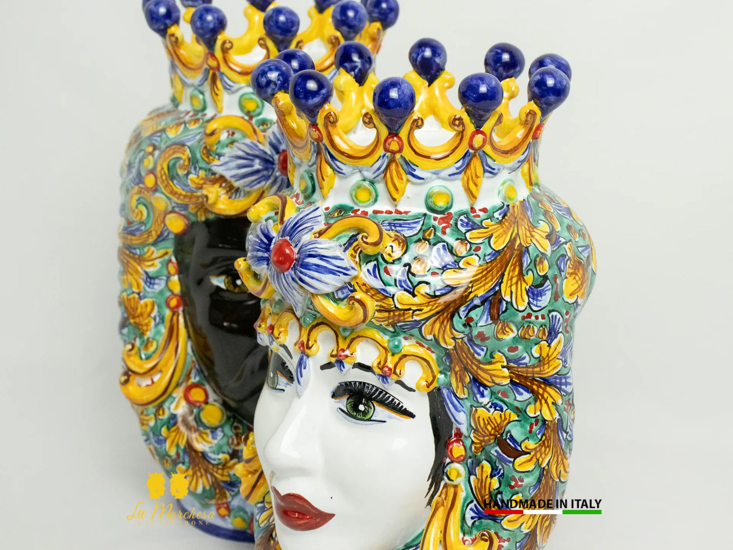 Teste di Moro in Ceramica Caltagirone Ornato Verde Rame Celeste - Varie Misure