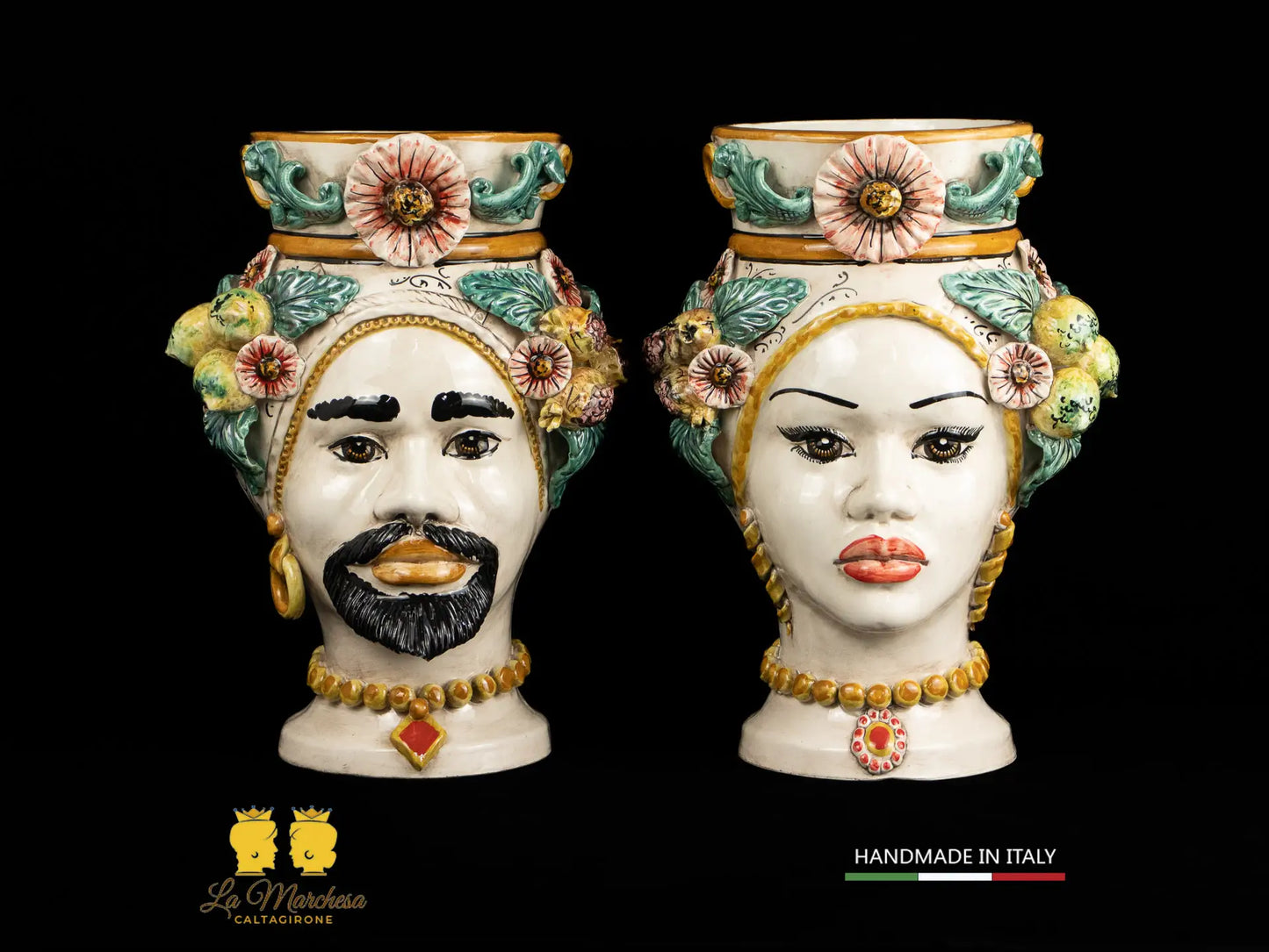 Teste di Moro Ceramica di Caltagirone applicazioni fiori e frutta h40