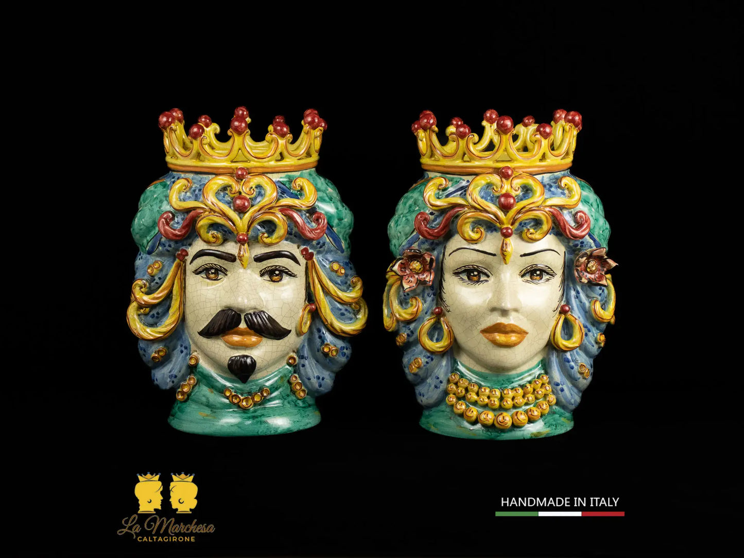Teste di Moro in Ceramica di Caltagirone celeste verde rame craquelé 35cm