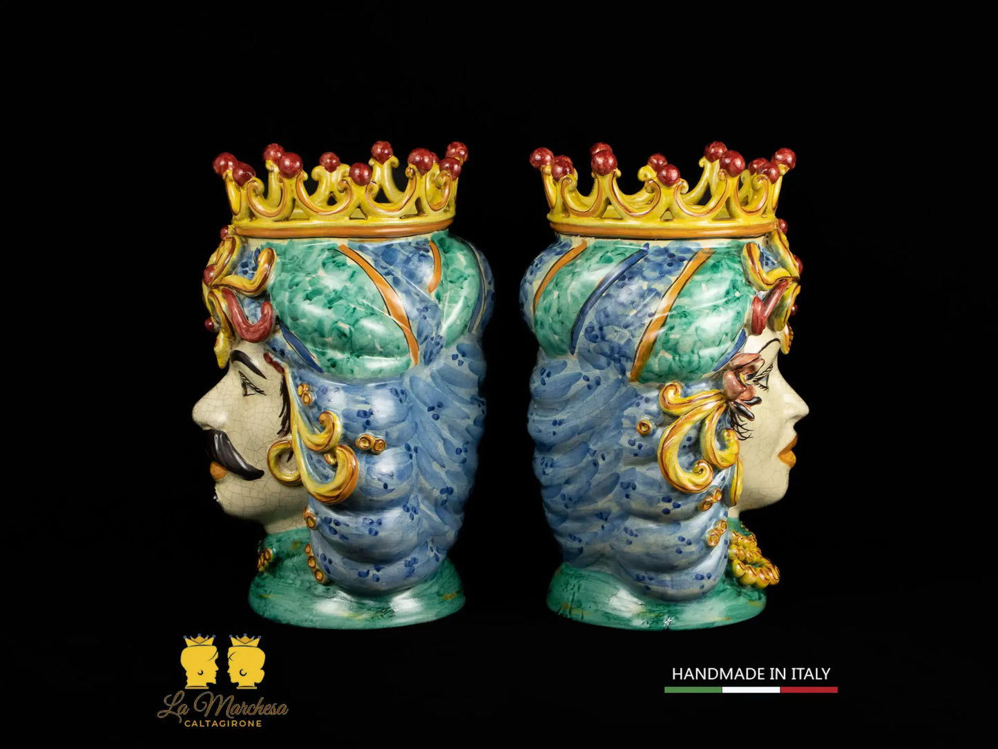 Teste di Moro in Ceramica di Caltagirone celeste verde rame craquelé 35cm