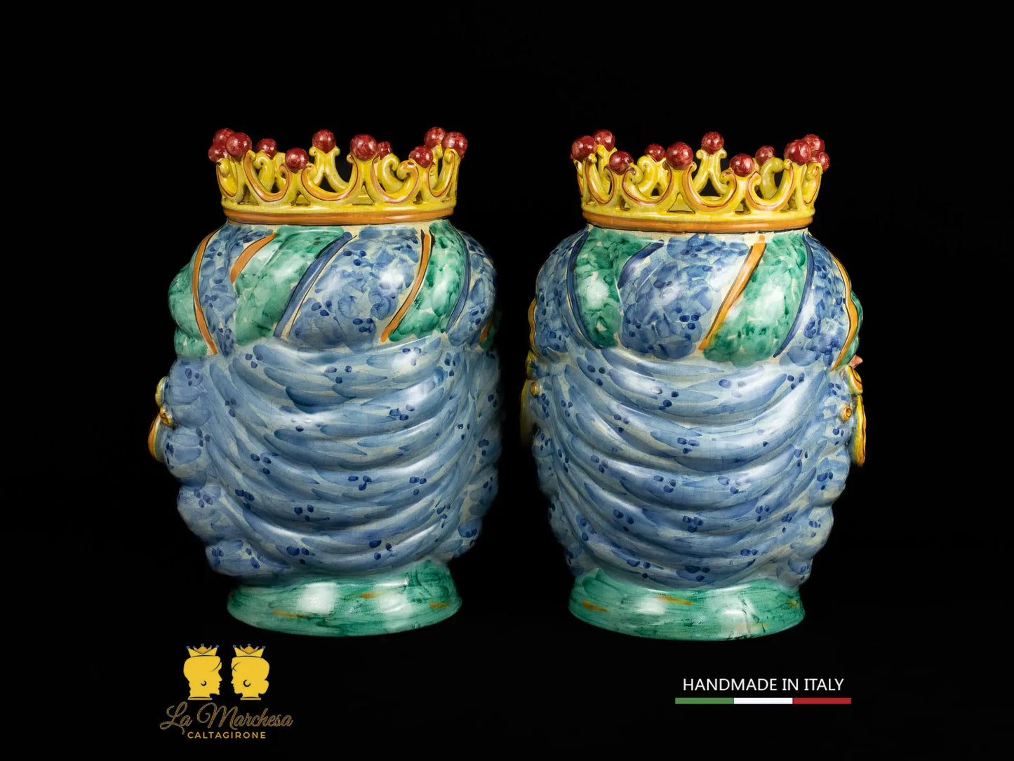 Teste di Moro in Ceramica di Caltagirone celeste verde rame craquelé 35cm