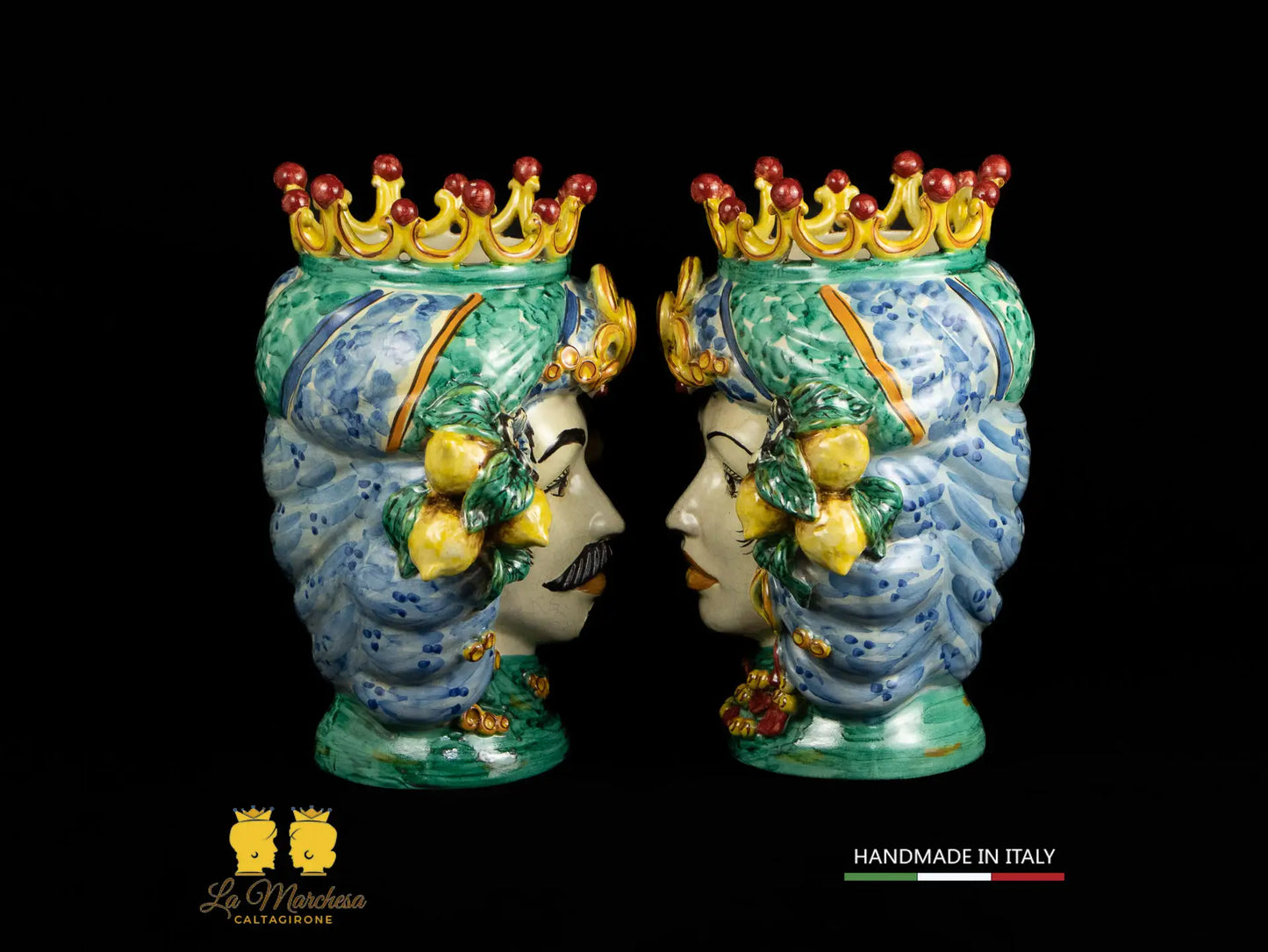 Mori siciliani in Ceramica di Caltagirone celeste frutta craquelé 31cm