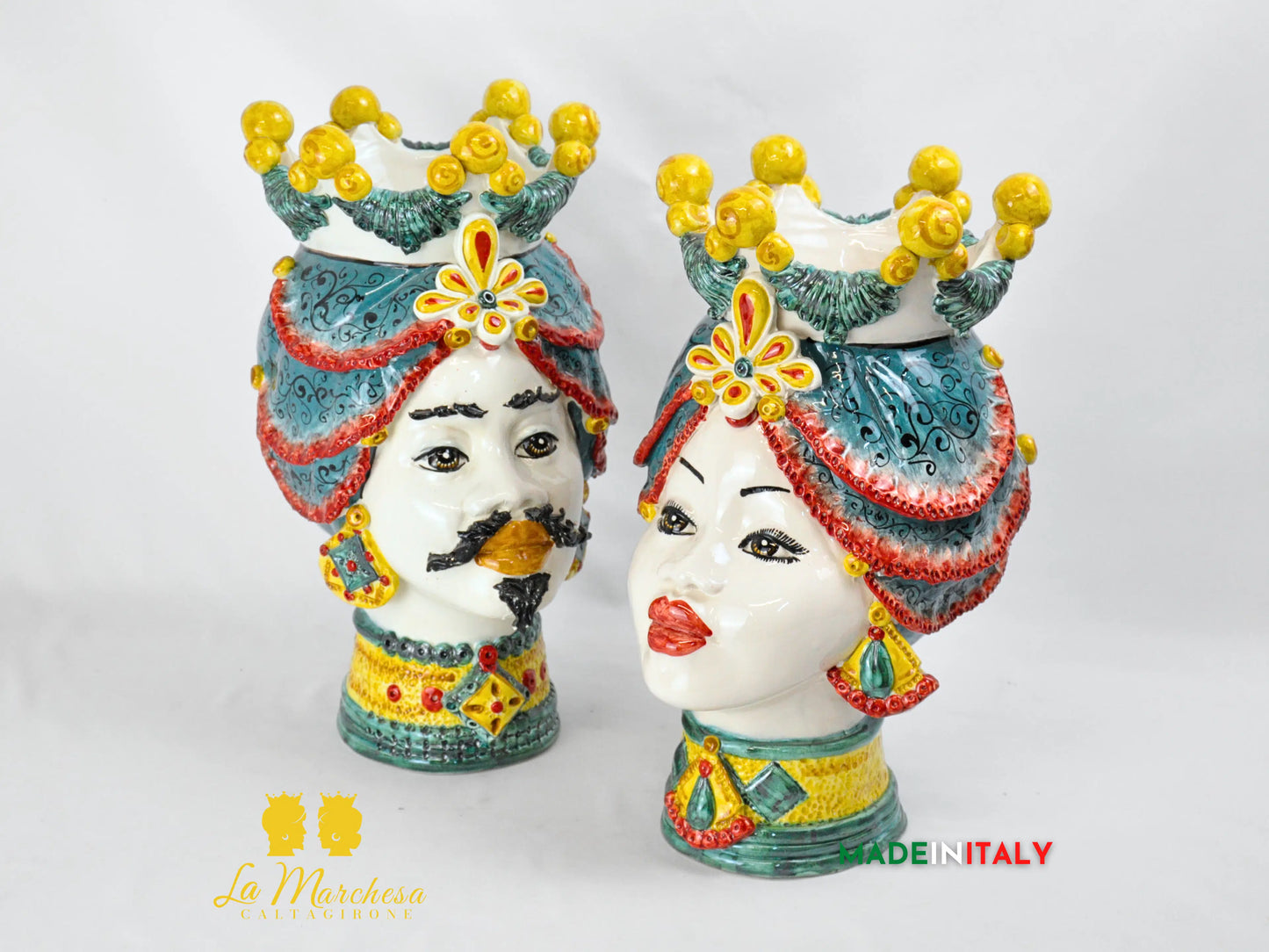 Teste di Moro Corona e Turbante in Ceramica di Caltagirone Sicilia 39cm