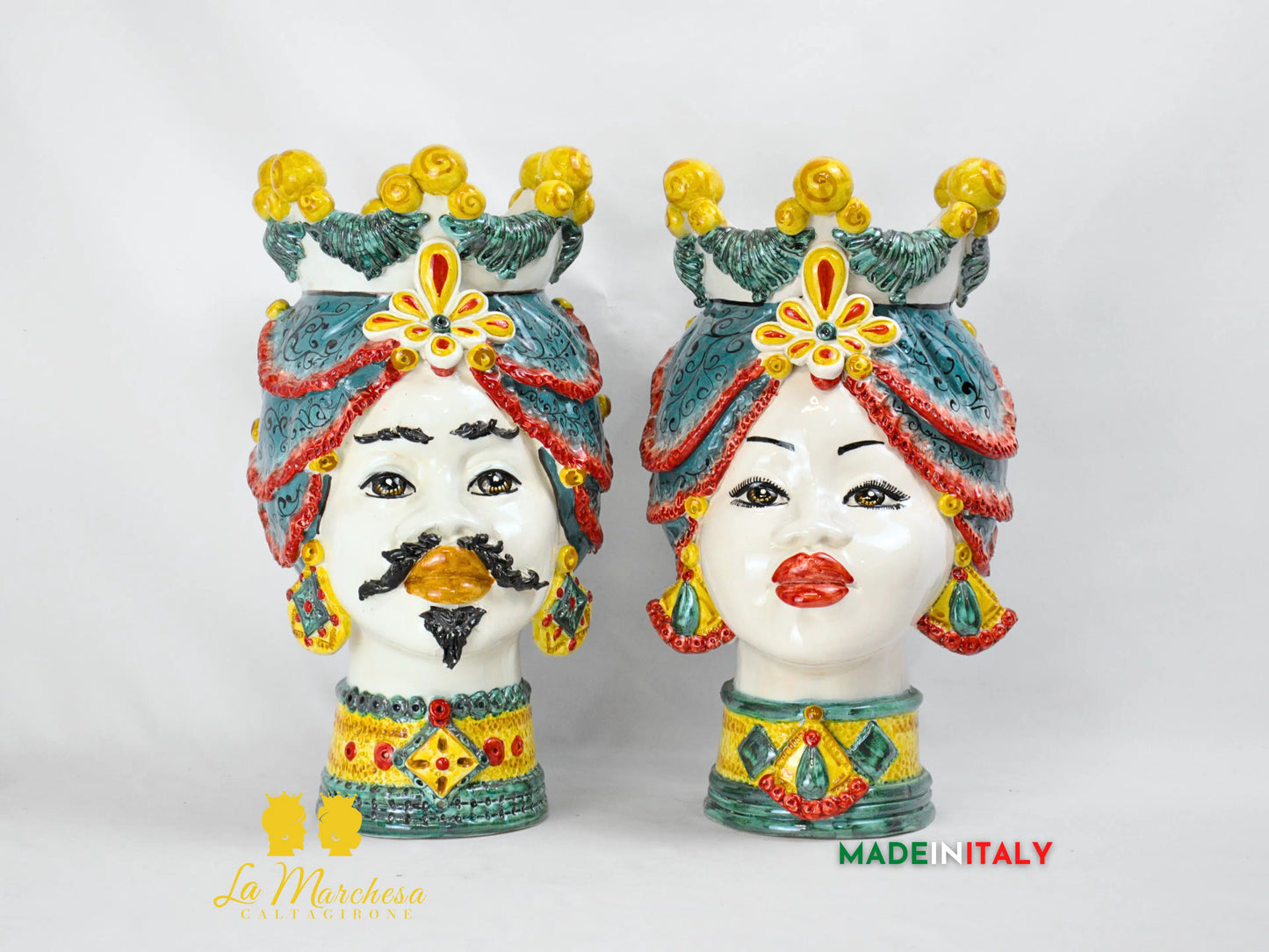 Teste di Moro Corona e Turbante in Ceramica di Caltagirone Sicilia 39cm