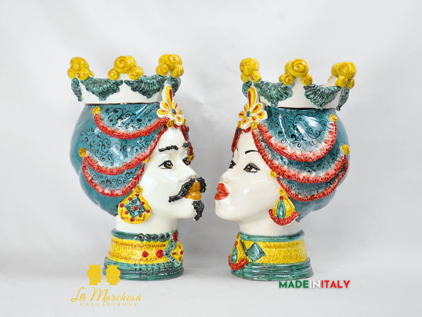 Teste di Moro Corona e Turbante in Ceramica di Caltagirone Sicilia 39cm