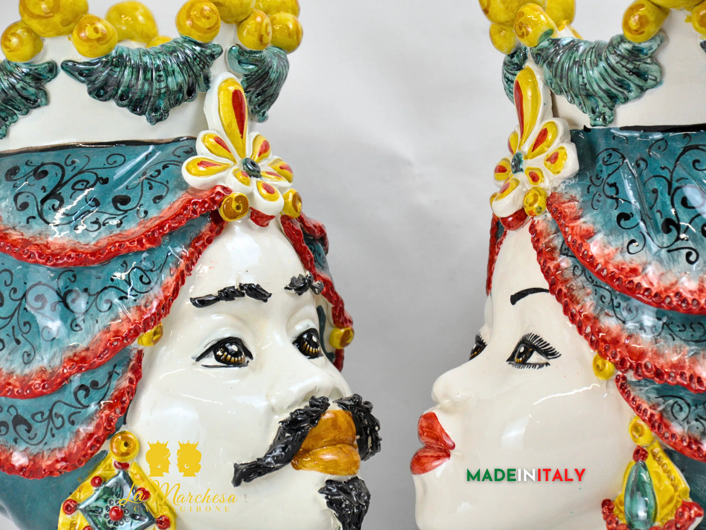 Teste di Moro Corona e Turbante in Ceramica di Caltagirone Sicilia 39cm