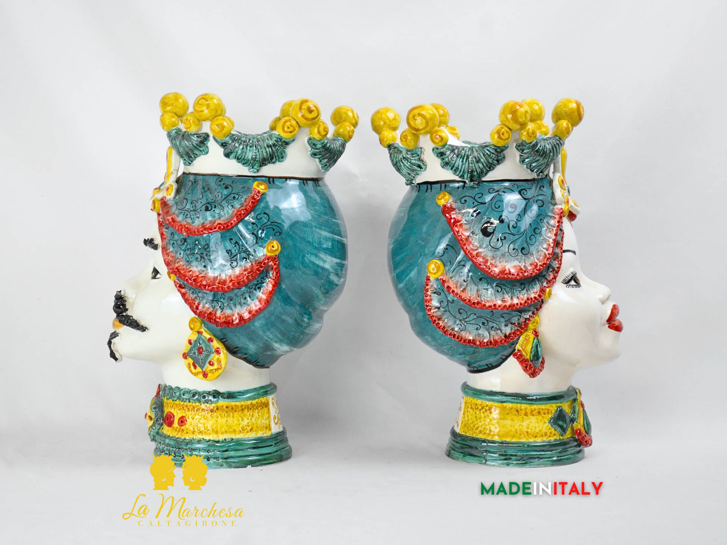 Teste di Moro Corona e Turbante in Ceramica di Caltagirone Sicilia 39cm
