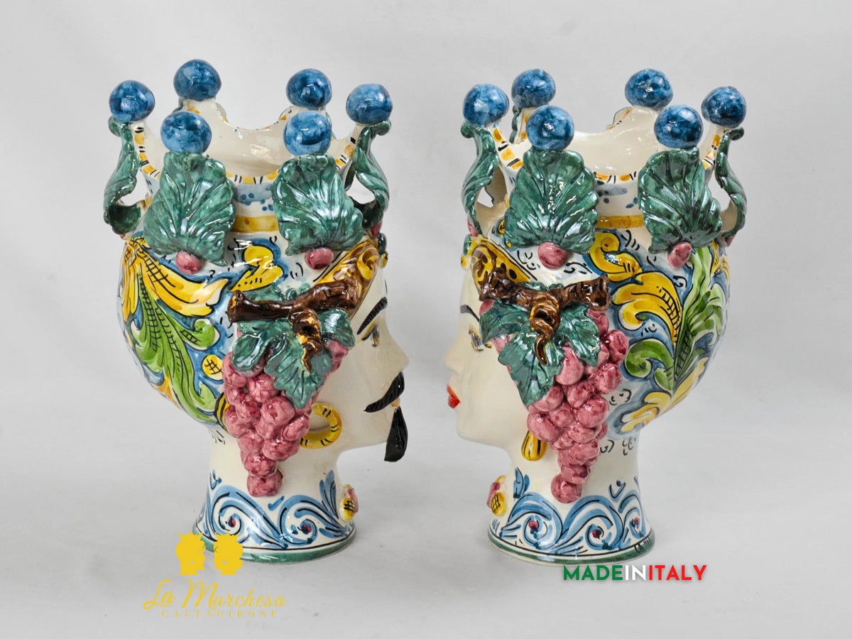 Teste di Moro Corona Foglie e Frutta in Ceramica di Caltagirone 31 cm