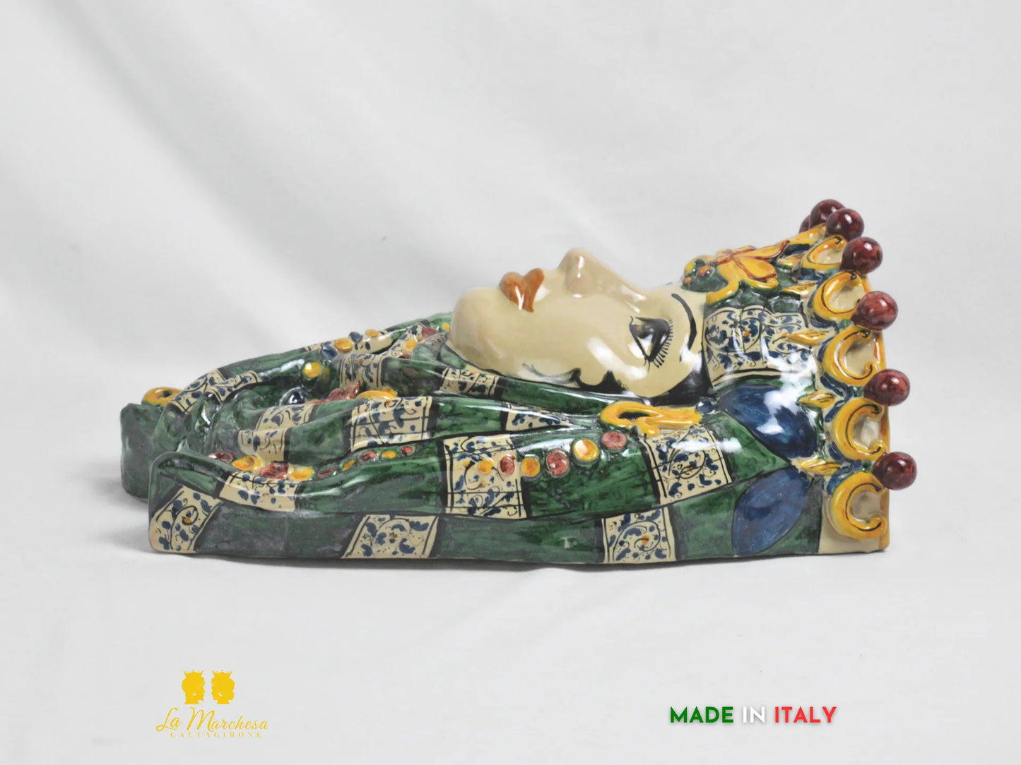 Teste di Moro da parete in ceramica di Caltagirone verde rame applique