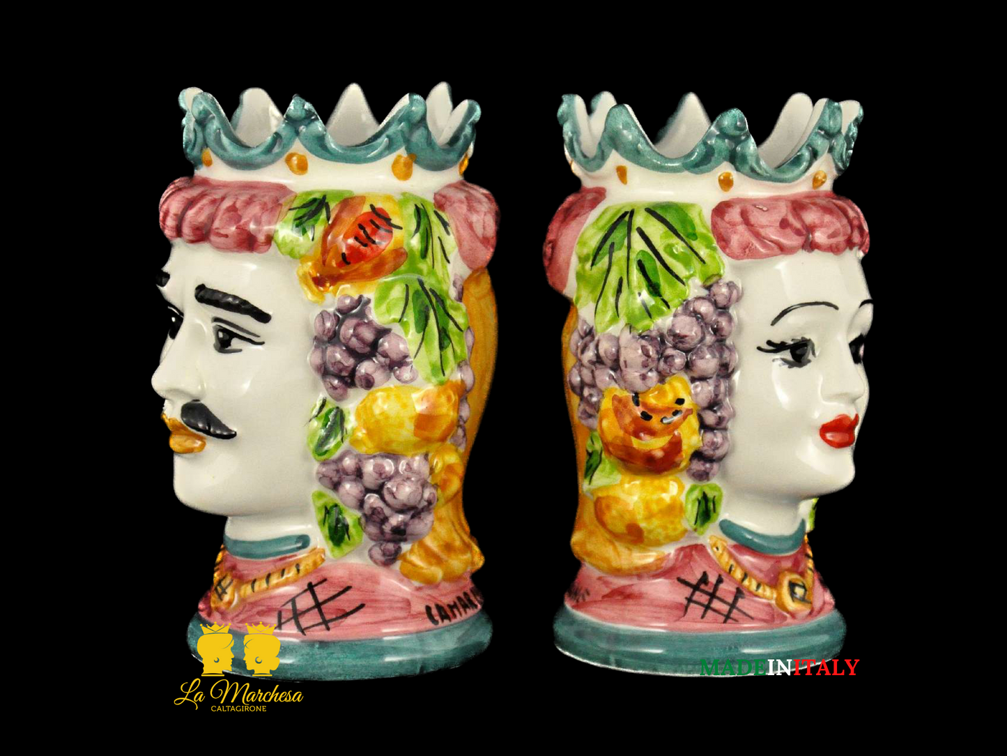 Teste di Moro in ceramica di Caltagirone Corona e Frutta H11