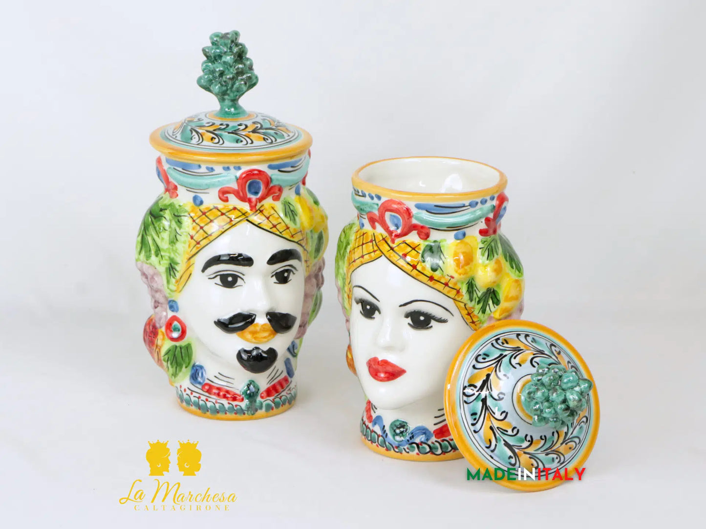 Teste di Moro Barattolo in Ceramica di Caltagirone coperchio pigna 27cm