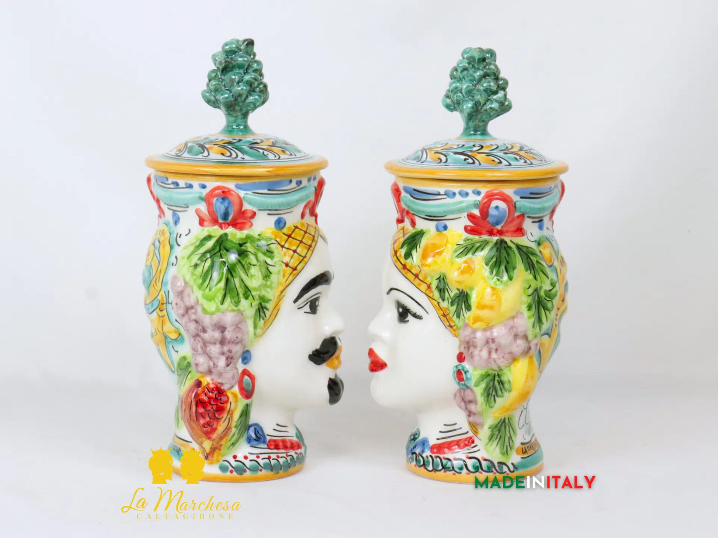 Teste di Moro Barattolo in Ceramica di Caltagirone coperchio pigna 27cm