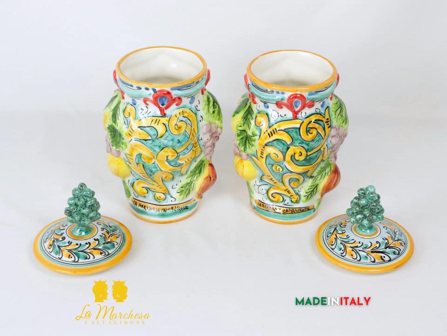 Teste di Moro Barattolo in Ceramica di Caltagirone coperchio pigna 27cm