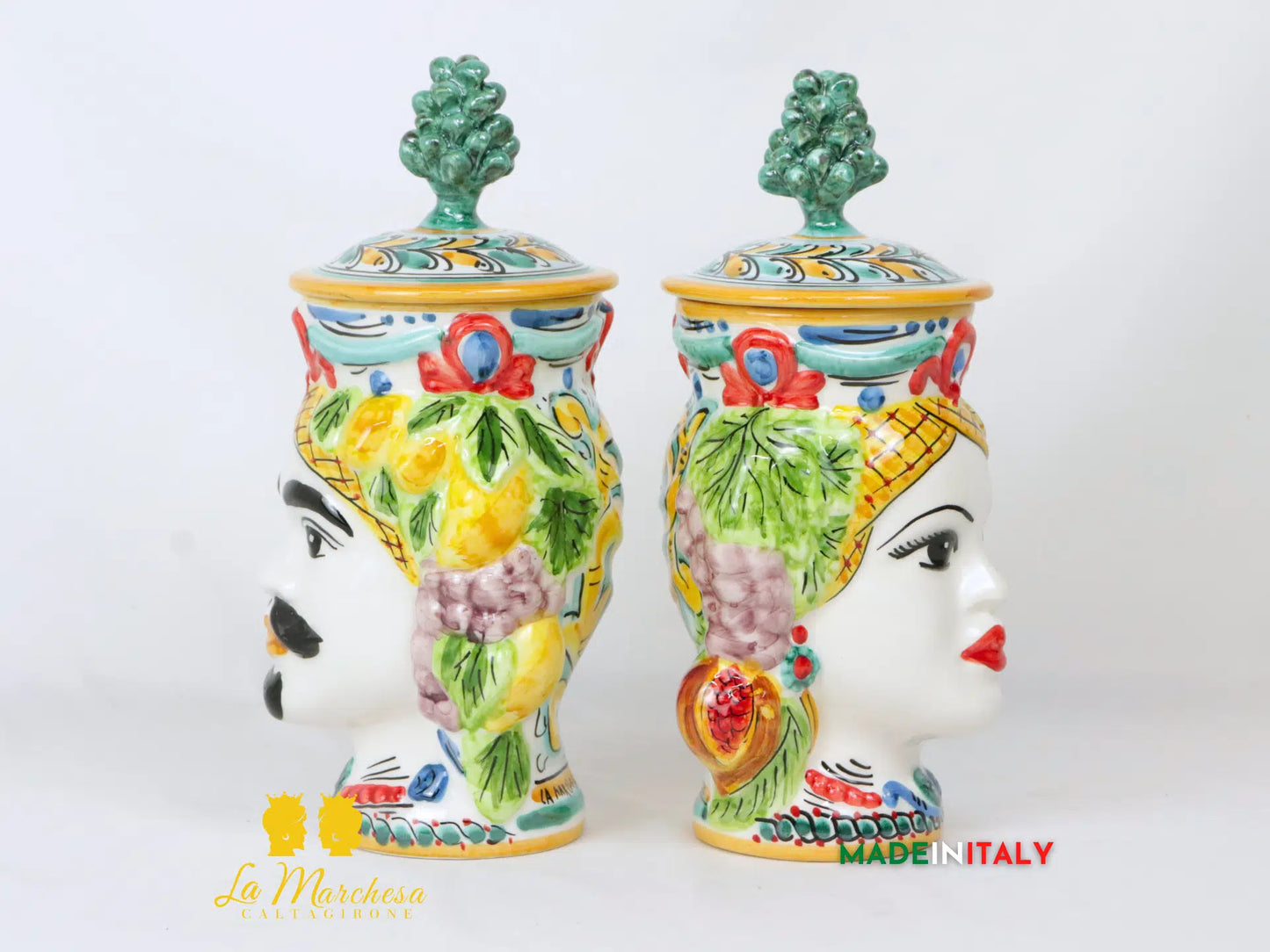 Teste di Moro Barattolo in Ceramica di Caltagirone coperchio pigna 27cm