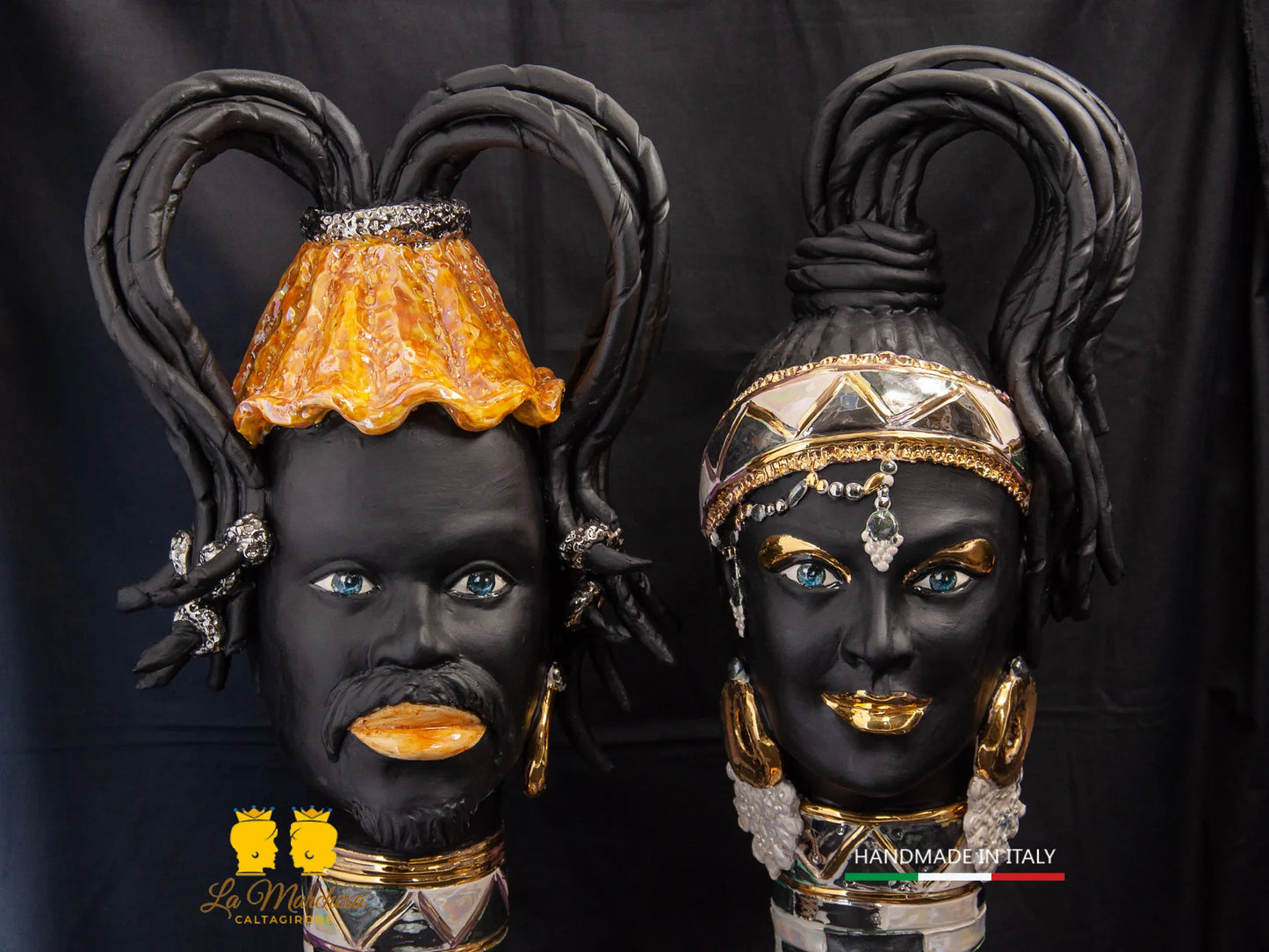 Teste di Moro Ceramica di Caltagirone design afro Platino Oro e Madreperla cm60