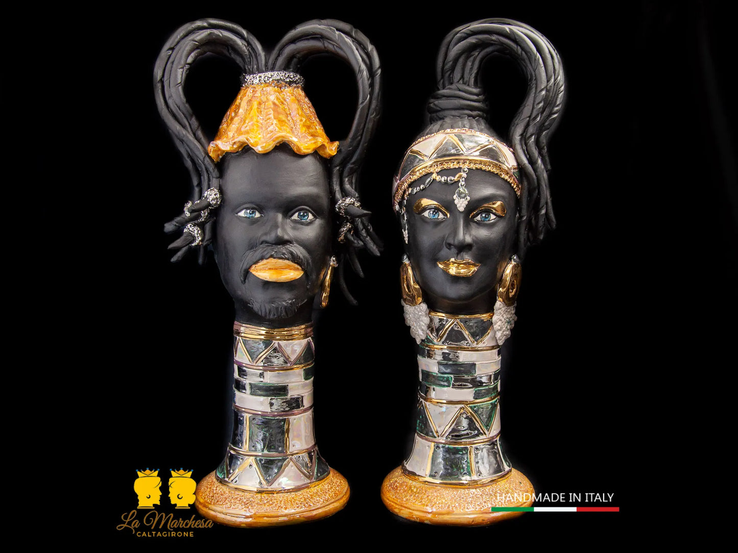 Teste di Moro Ceramica di Caltagirone design afro Platino Oro e Madreperla cm60