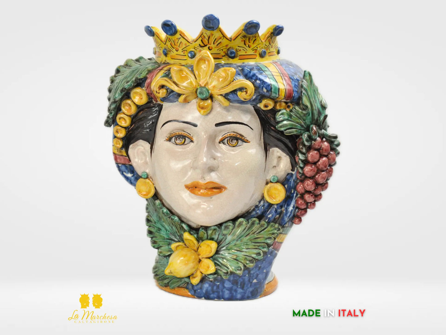 Teste di Moro Siciliane in ceramica Caltagirone con frutta verde rame h39