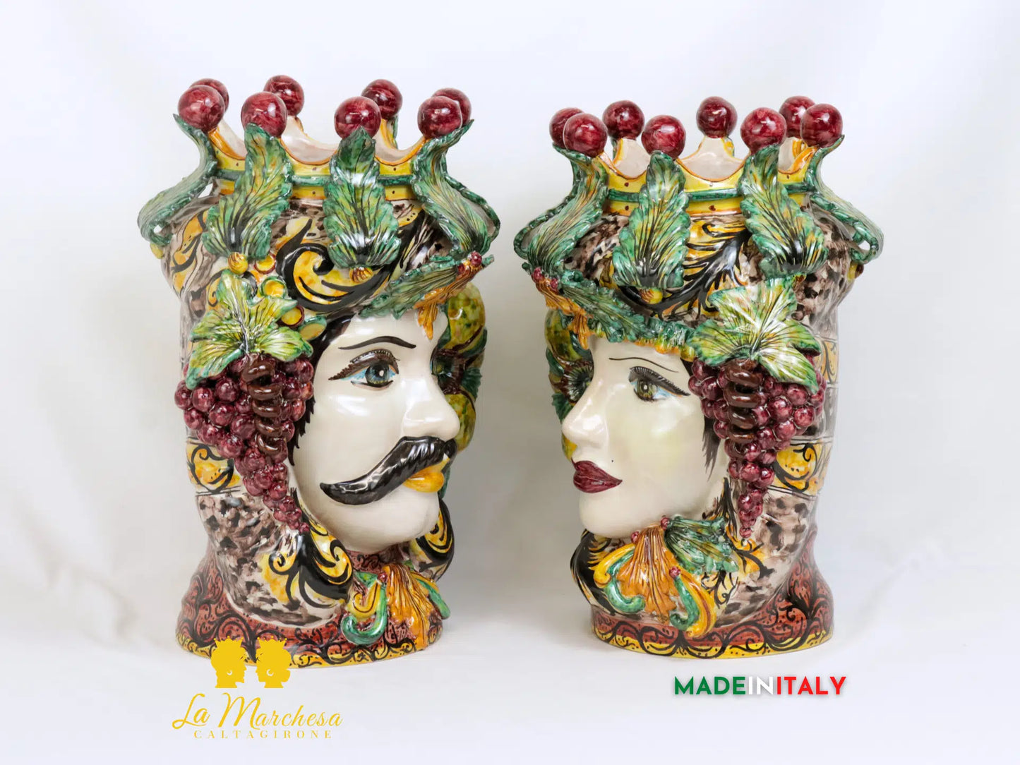Teste di Moro Taormina Foglie di Acanto e Frutta in Ceramica di Caltagirone 38cm - Vari Modelli