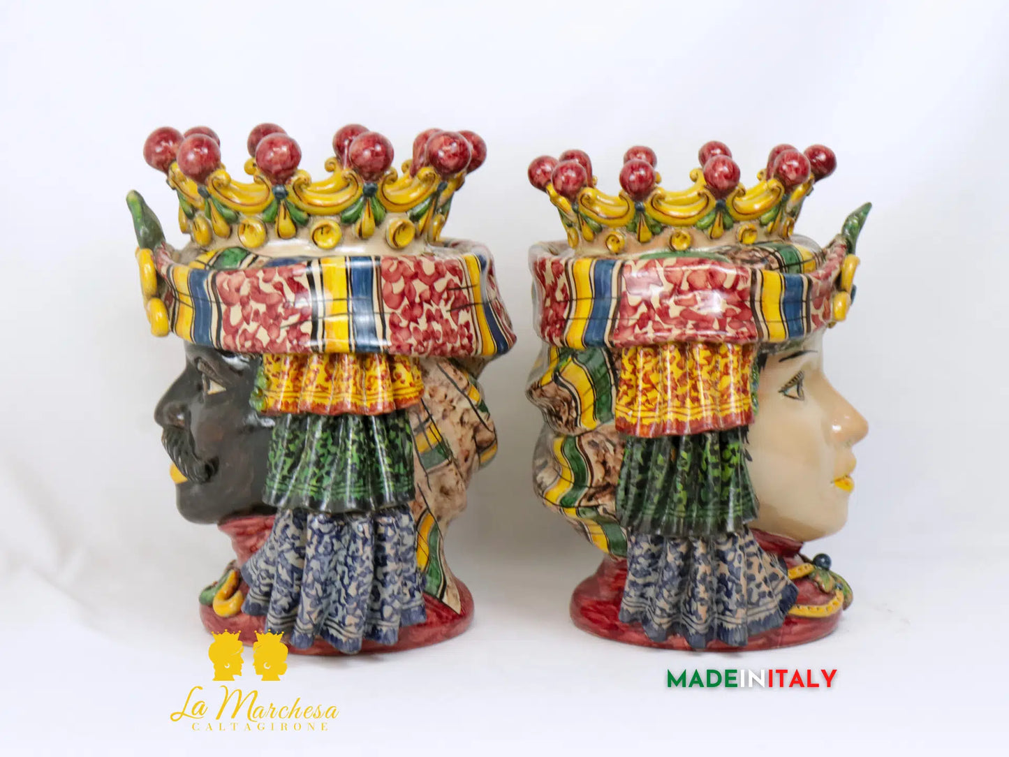 Coppia Teste di Moro in Ceramica di Caltagirone con panneggio - Varie Misure