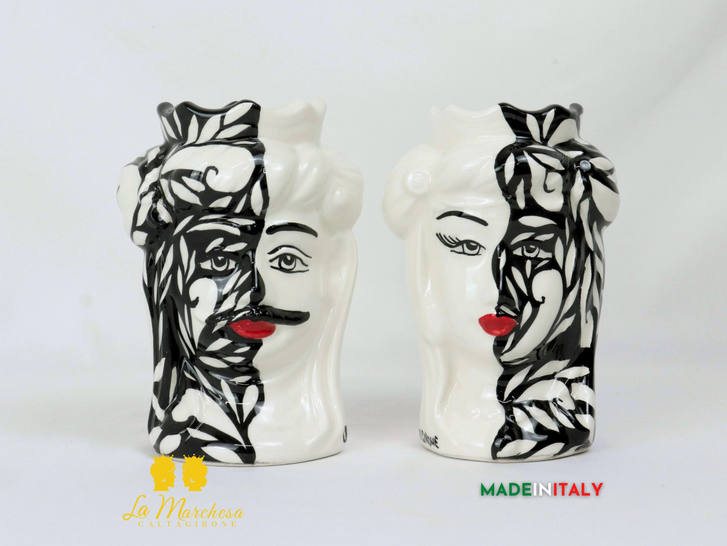 Teste di Moro in Ceramica di Caltagirone bianche e nere zebrate