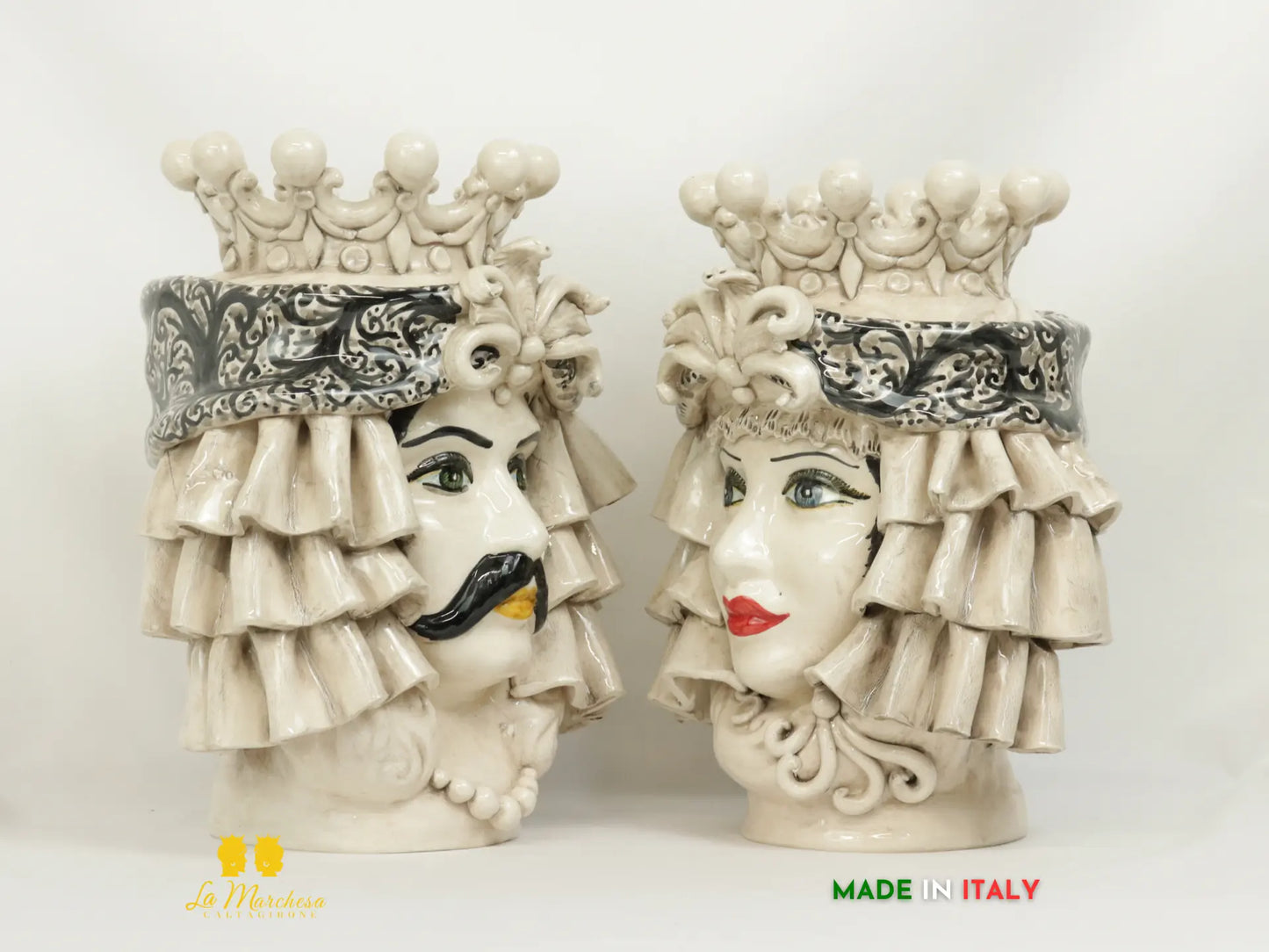 Teste di moro in ceramica di Caltagirone Turbante panneggio fumè 29cm