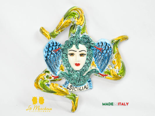 Trinacria in Ceramica Caltagirone Ornato Simbolo Sicilia 32cm
