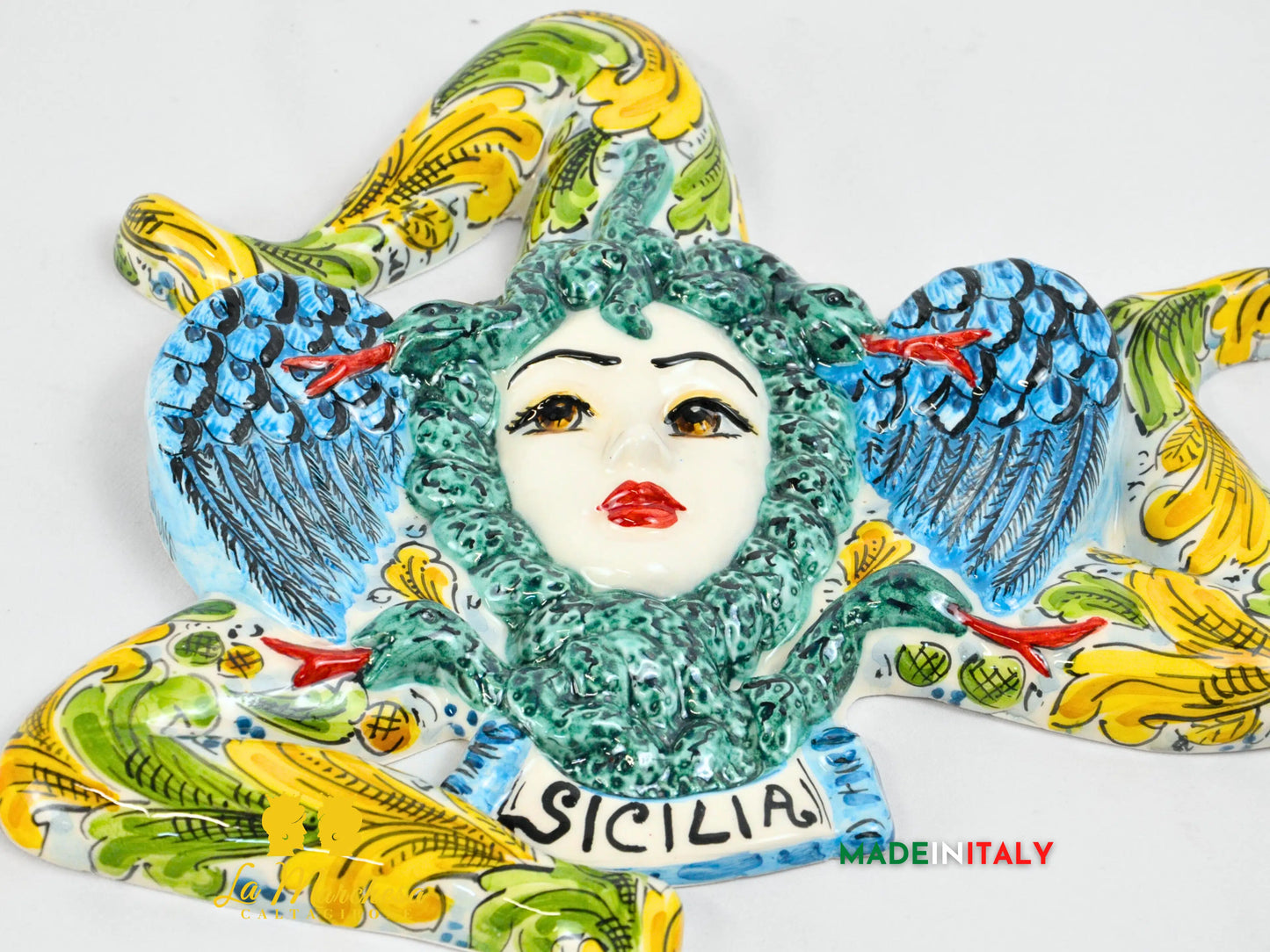 Trinacria in Ceramica Caltagirone Ornato Simbolo Sicilia 32cm