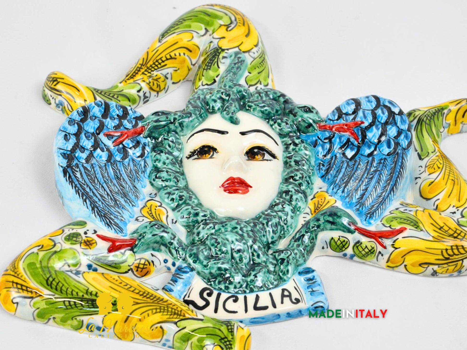 Trinacria in Ceramica Caltagirone Ornato Simbolo Sicilia 32cm