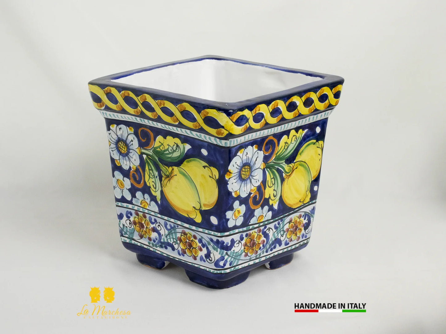 Fioriera quadrata in Ceramica di Caltagirone blu cobalto limoni - Varie misure