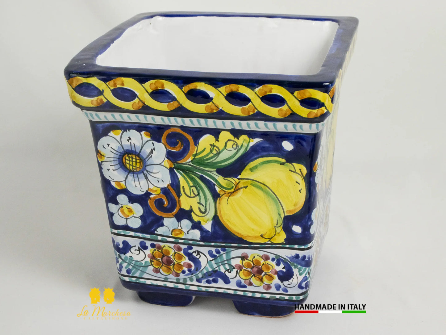 Fioriera quadrata in Ceramica di Caltagirone blu cobalto limoni - Varie misure