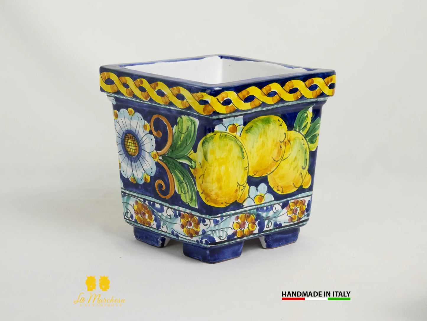Fioriera quadrata in Ceramica di Caltagirone blu cobalto limoni - Varie misure