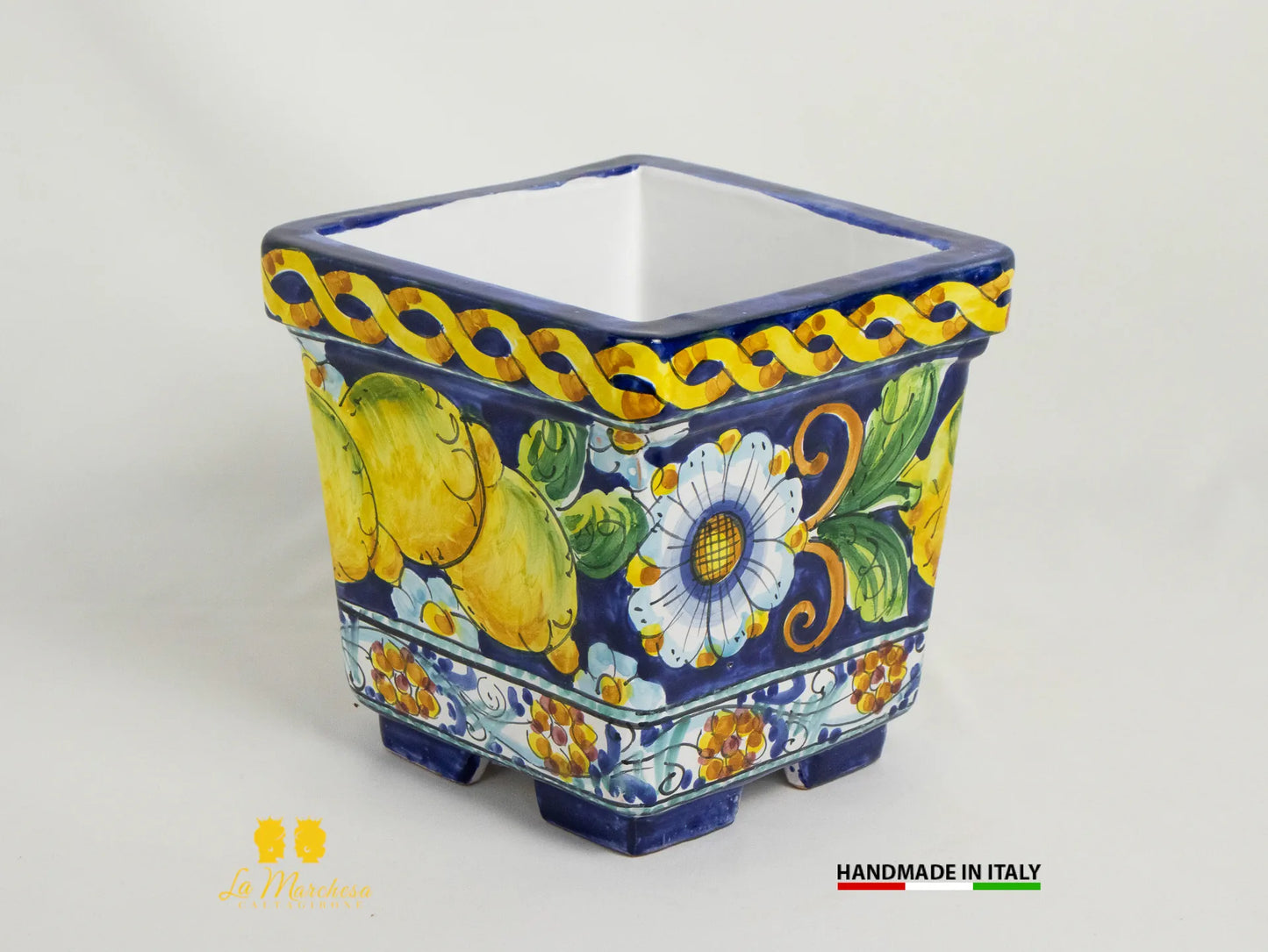 Fioriera quadrata in Ceramica di Caltagirone blu cobalto limoni - Varie misure
