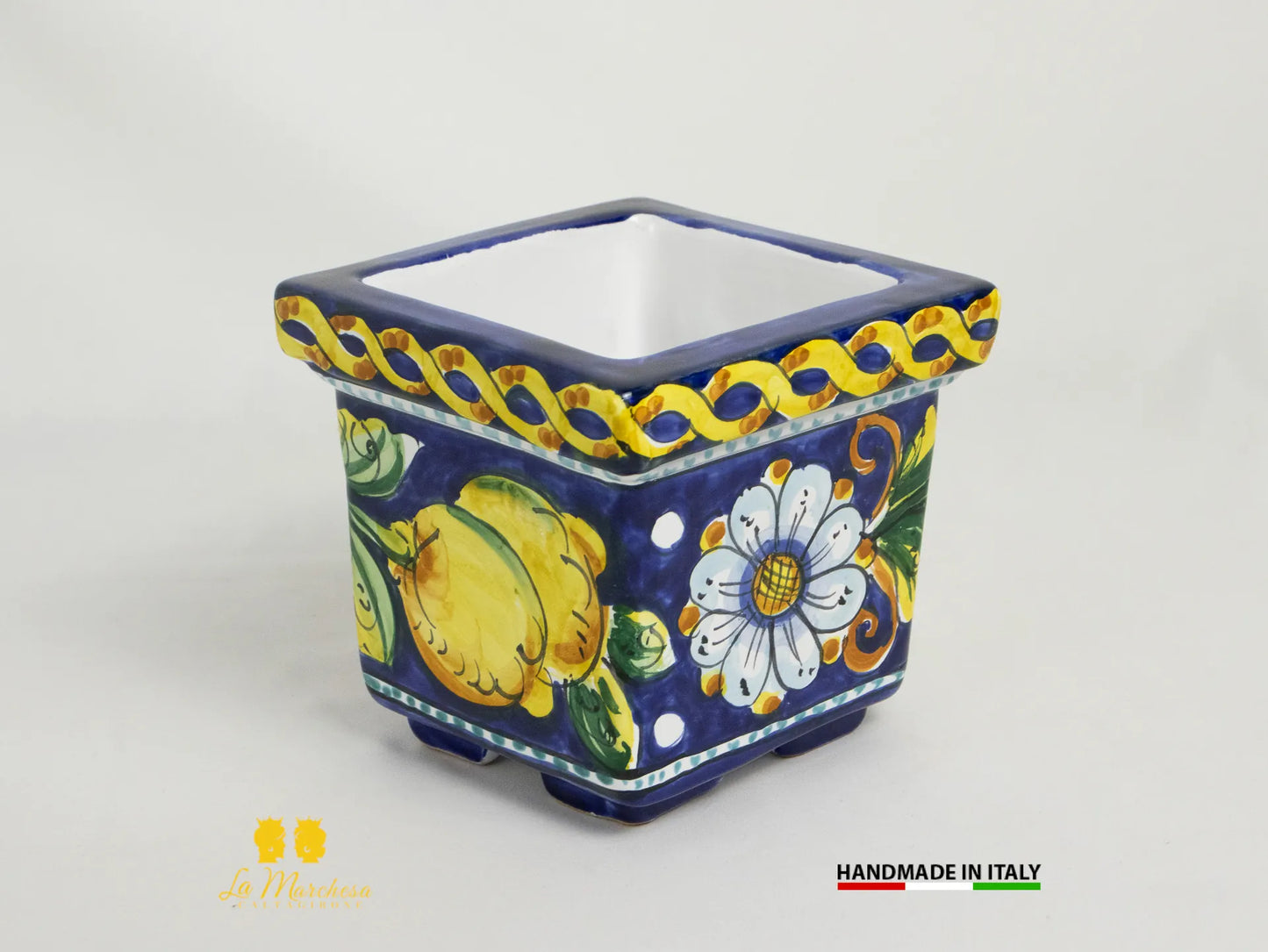 Fioriera quadrata in Ceramica di Caltagirone blu cobalto limoni - Varie misure