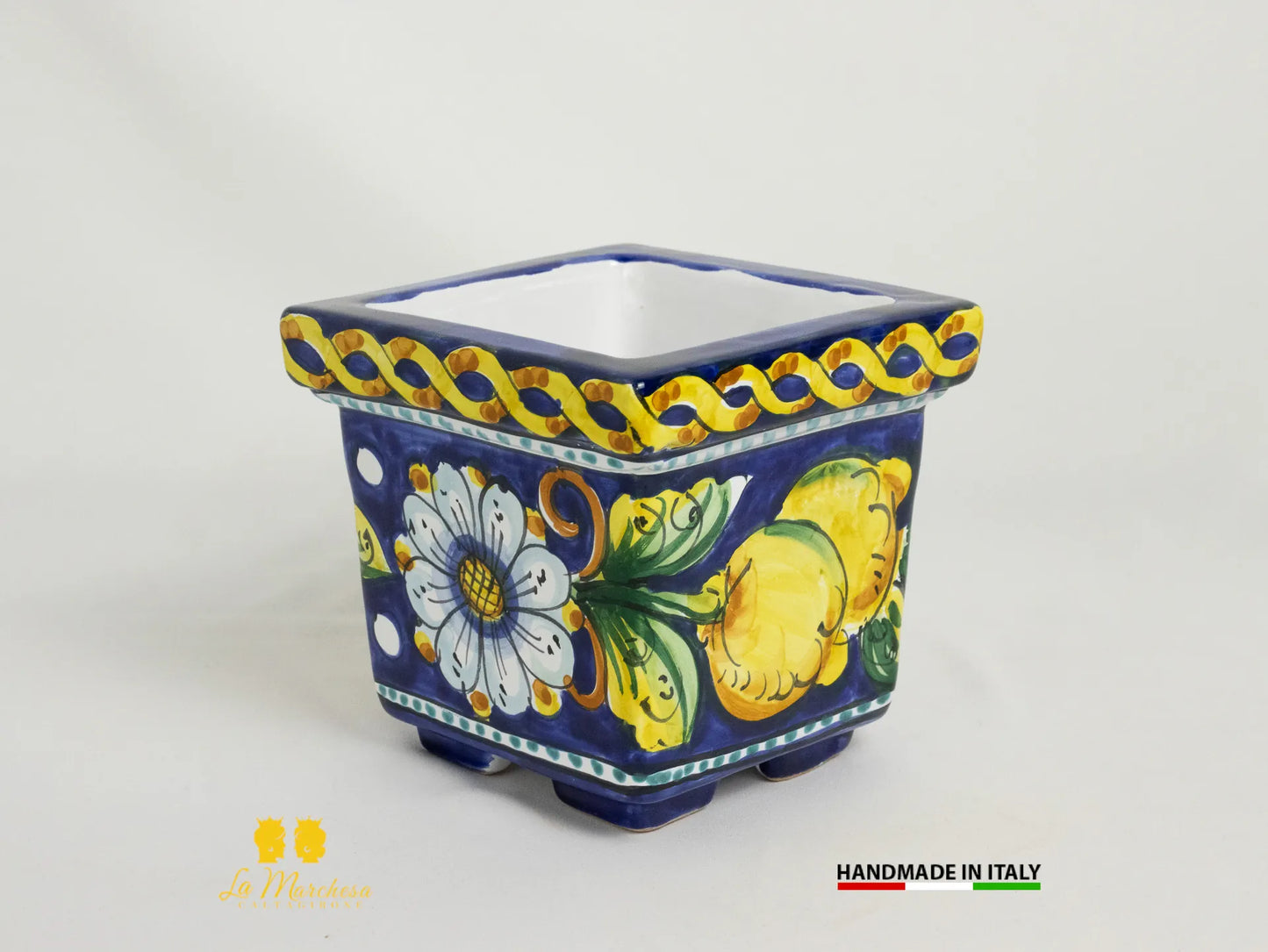 Fioriera quadrata in Ceramica di Caltagirone blu cobalto limoni - Varie misure