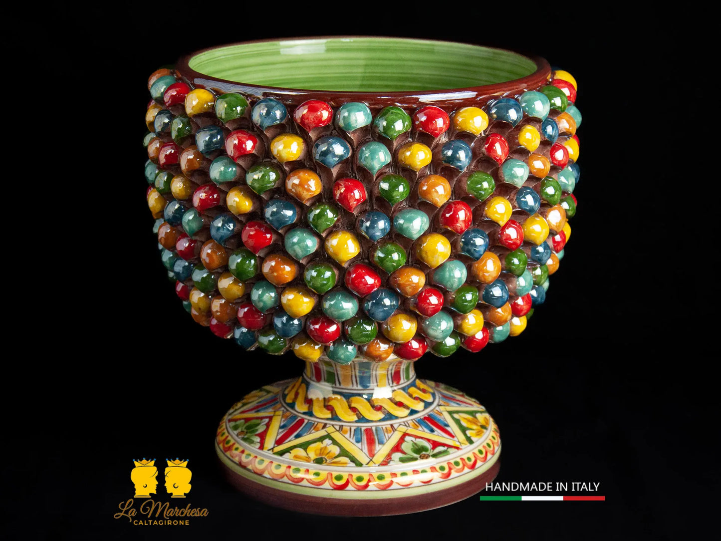 Portavaso mezza Pigna Siciliana Ceramica di Caltagirone Arlecchino H27cm Madreperla
