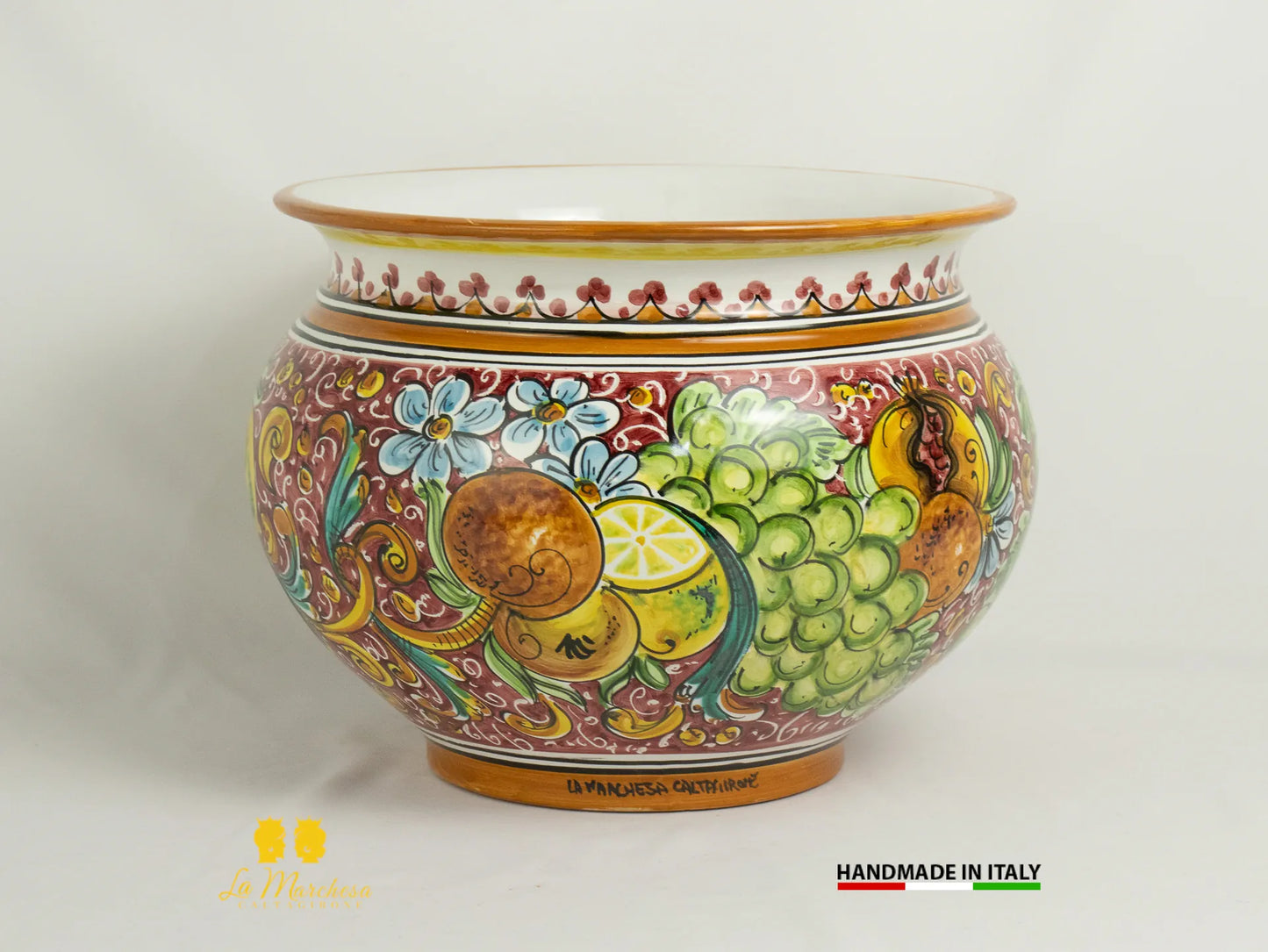 Vaso portavaso in ceramica di caltagirone bordeaux frutta d32-1