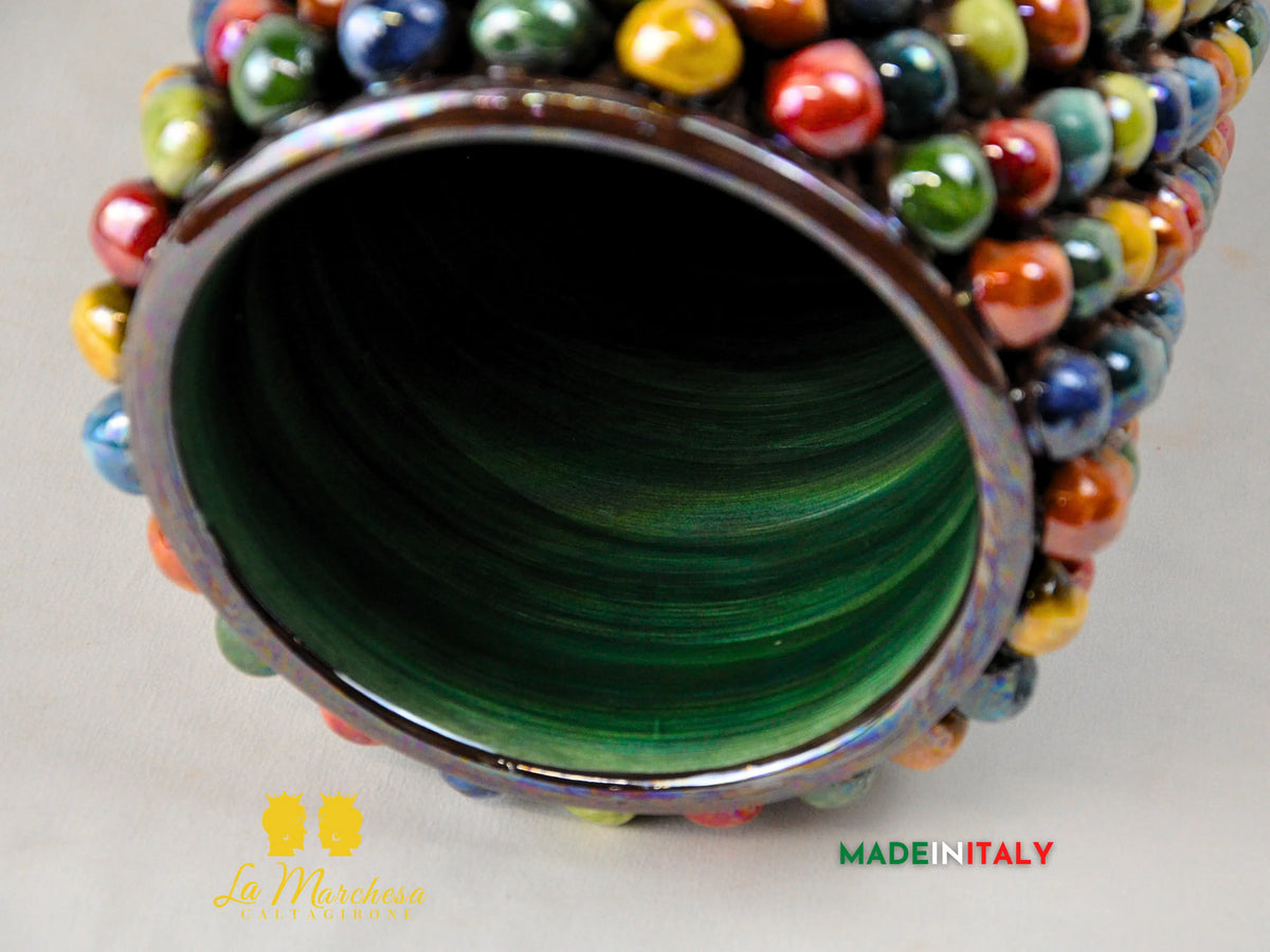 Vaso Cilindrico Pigna Siciliana Madreperla in Ceramica di Caltagirone H41 cm