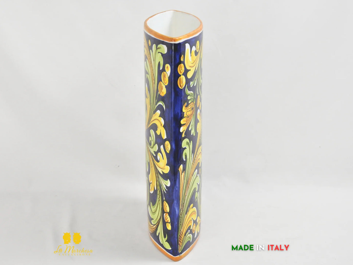 Vaso Design Sottile in Ceramica di Caltagirone blu cobalto ornato