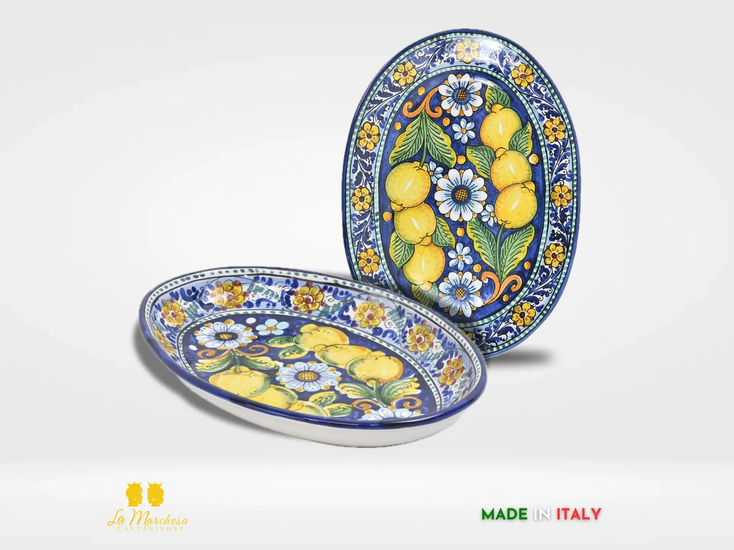 Vassoio ovale Pirofila in Ceramica di Caltagirone blu cobalto limoni 41cm