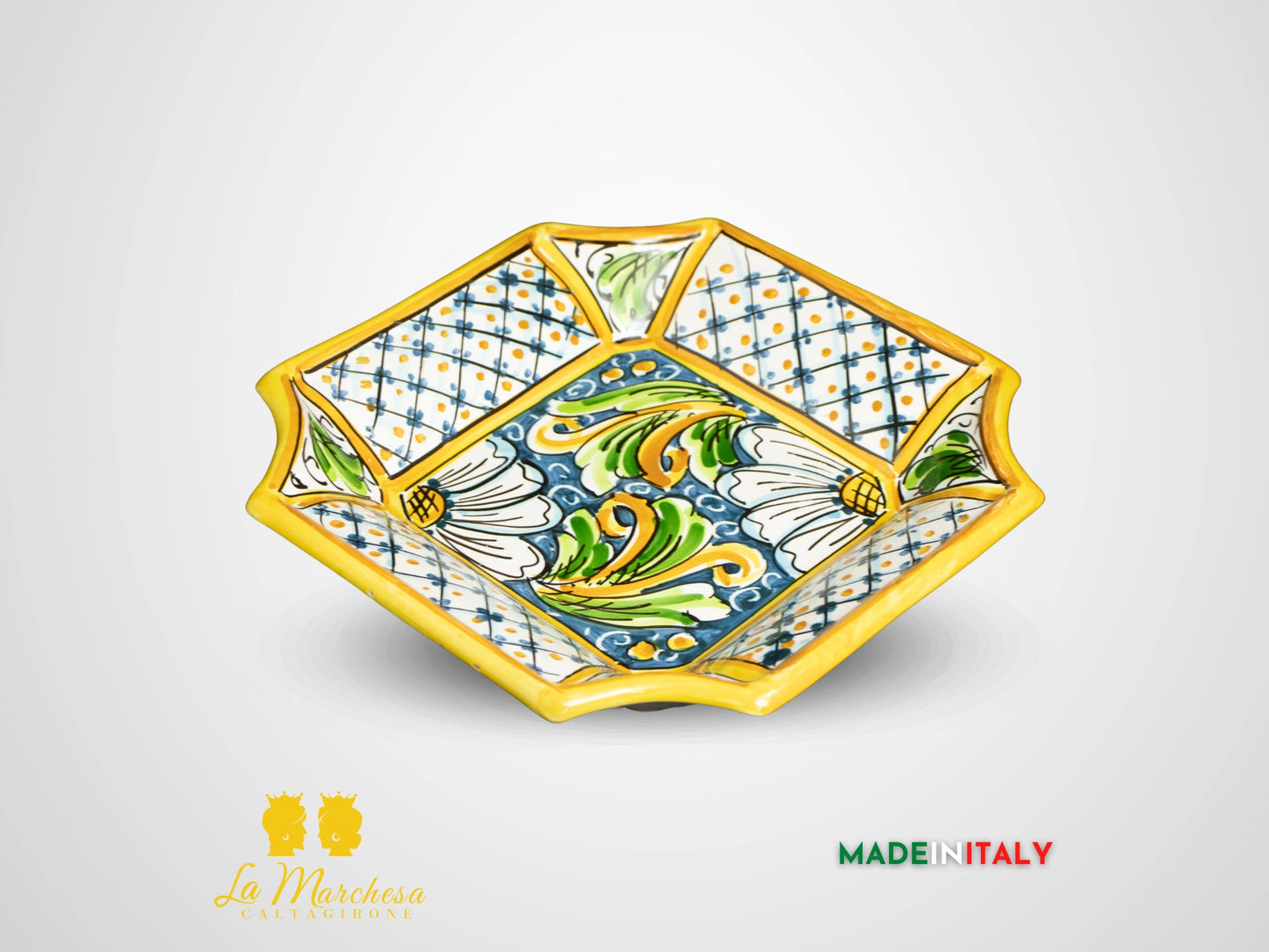 Vassoio Svuotatasche in Ceramica di Caltagirone 21x21cm - Ornato e fiori (2)
