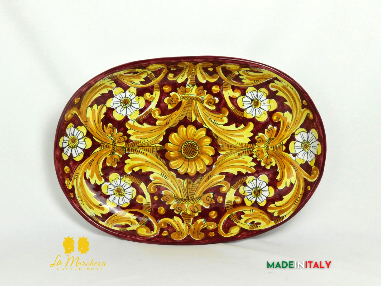 Vassoio in Ceramica di Caltagirone ovale decorato a mano 38cm - bordeaux (2)