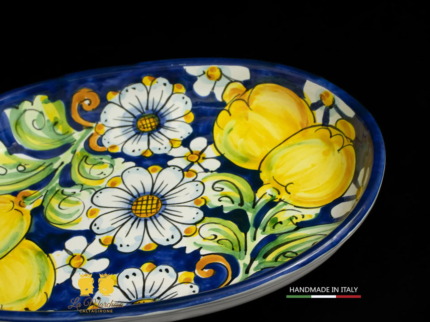Vassoio pirofila in Ceramica di Caltagirone blu cobalto limoni 27cm