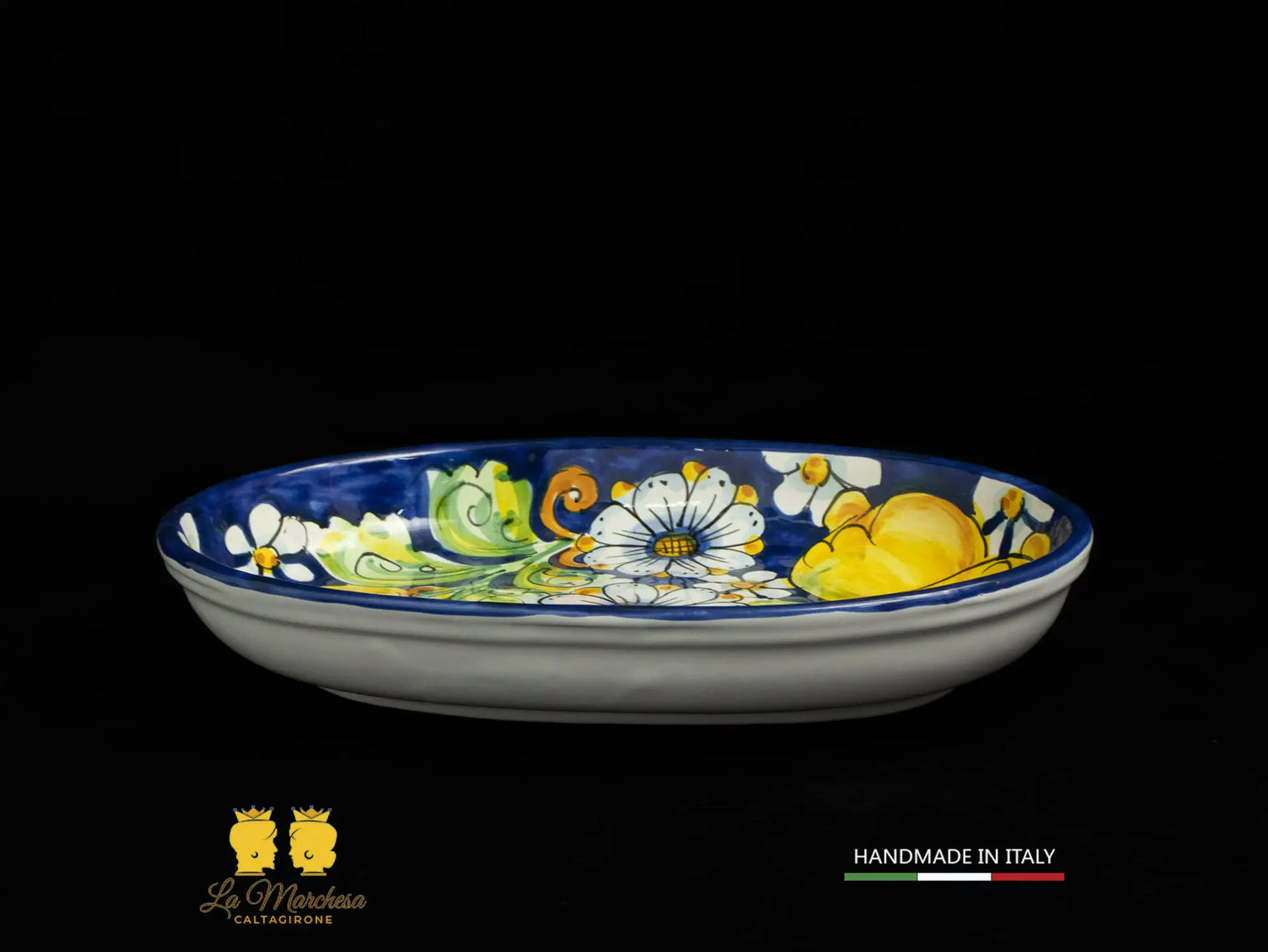 Vassoio pirofila in Ceramica di Caltagirone blu cobalto limoni 27cm