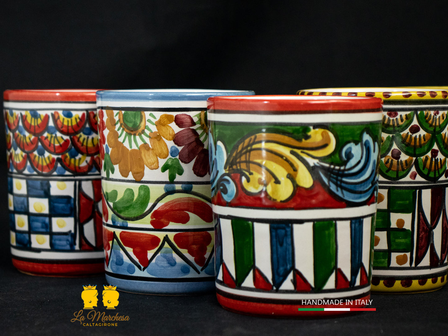 Bicchiere in Ceramica di Caltagirone decoro carretto siciliano