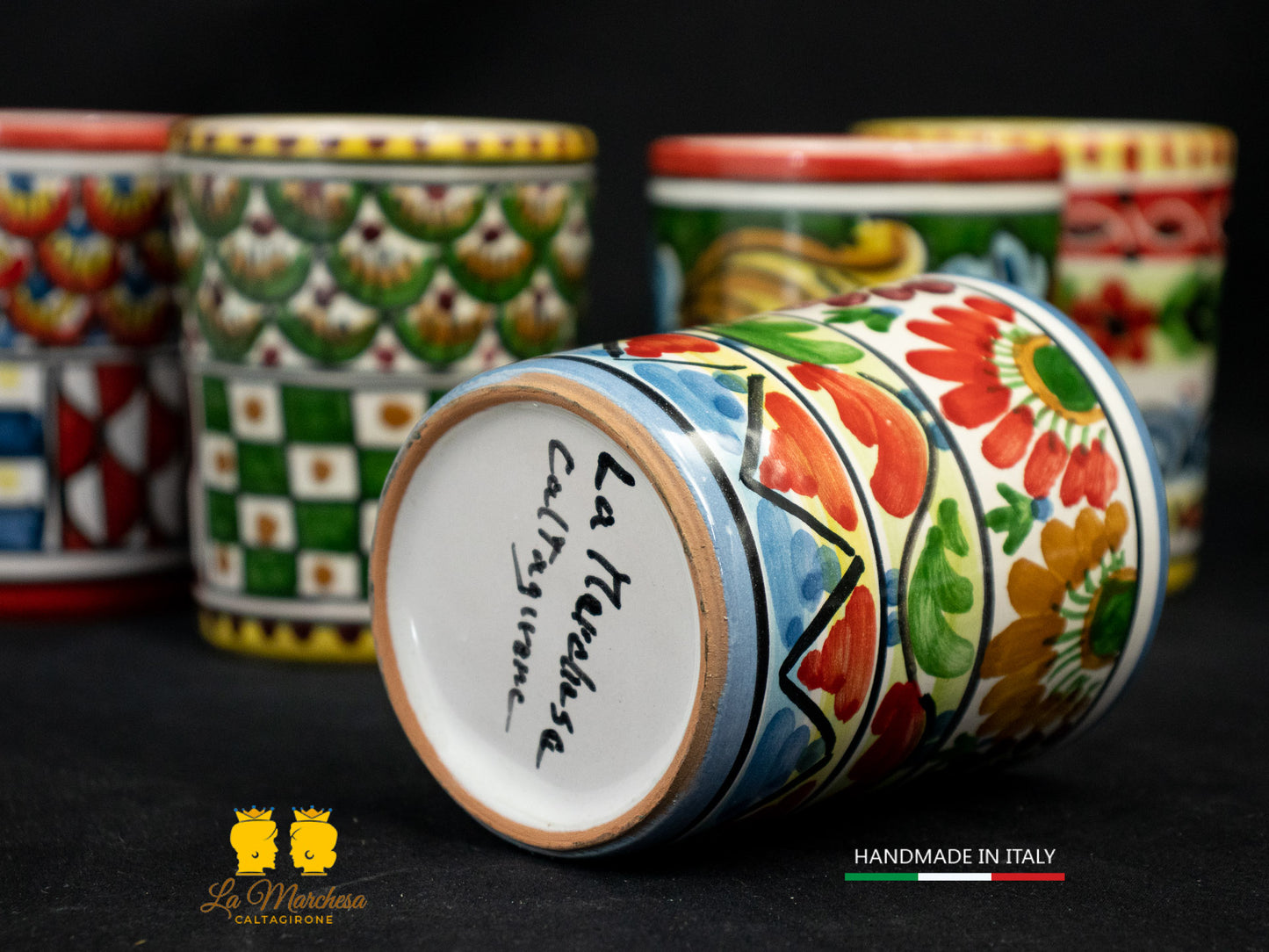 Bicchiere in Ceramica di Caltagirone decoro carretto siciliano
