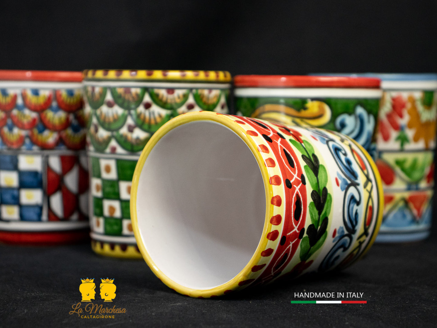 Bicchiere in Ceramica di Caltagirone decoro carretto siciliano