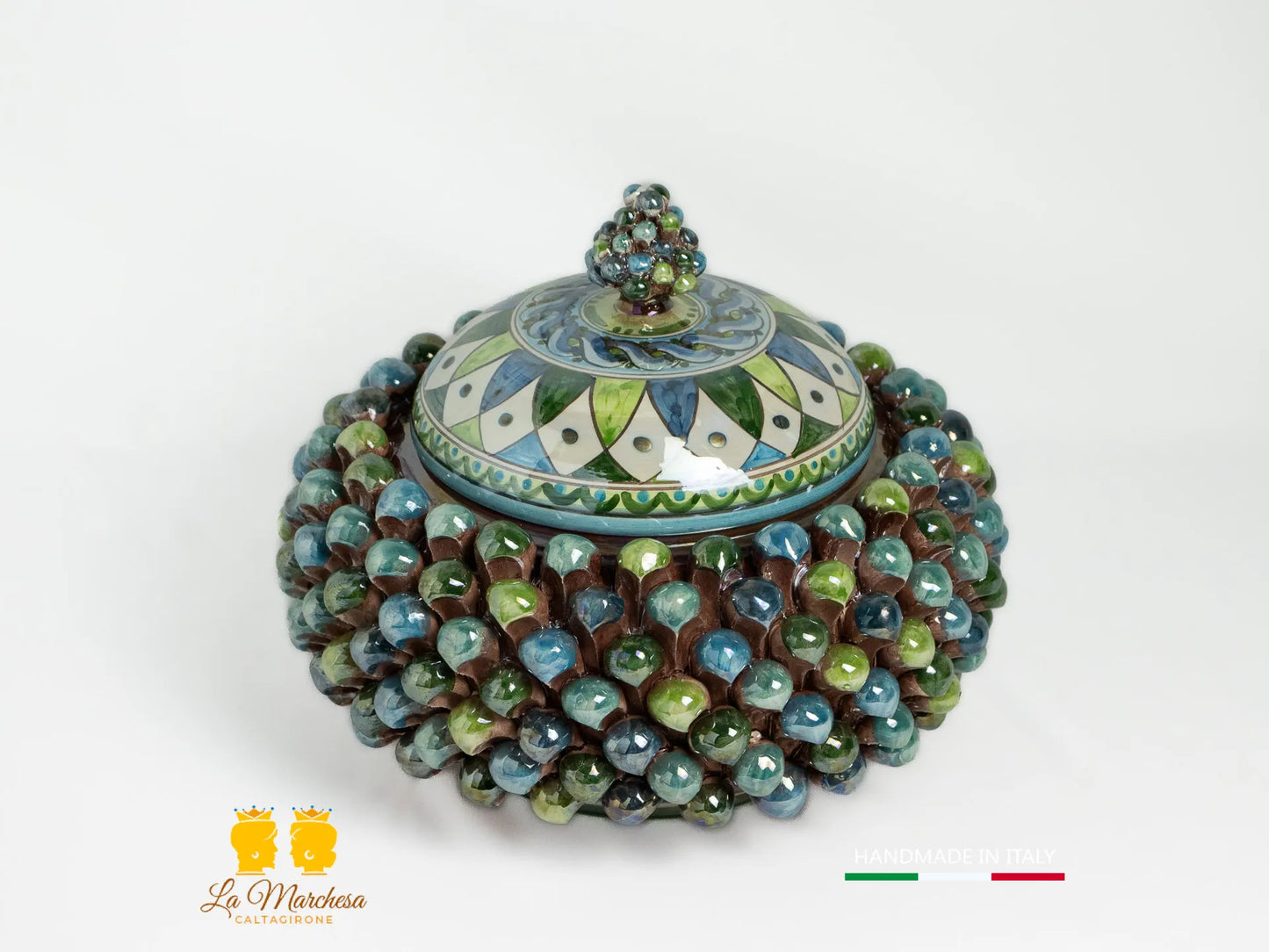 Biscottiera Pigna Ceramica di Caltagirone Multicolore Madreperla verde 26cm