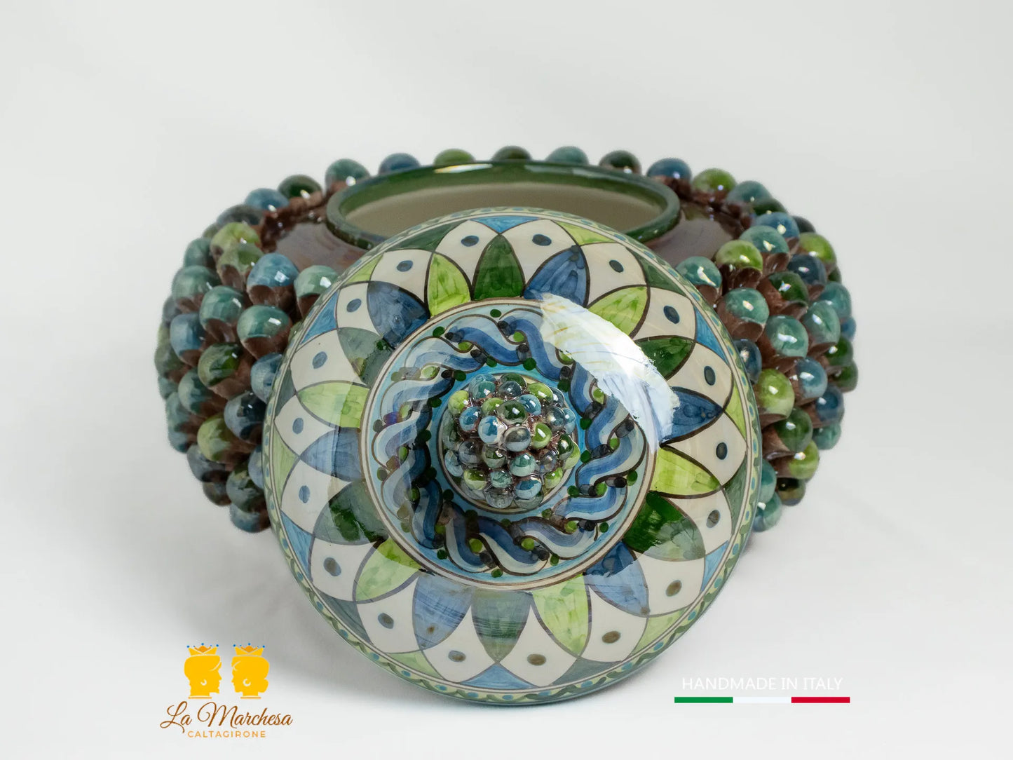 Biscottiera Pigna Ceramica di Caltagirone Multicolore Madreperla verde 26cm